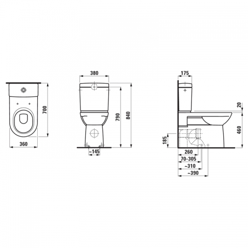 Stand-WC mit aufgesetztem Keramik-Spülkasten, Abgang senk/waagrecht